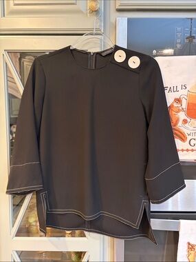 Zara Black Blouse with Contrast Stitching and Shoulder Buttons XXS